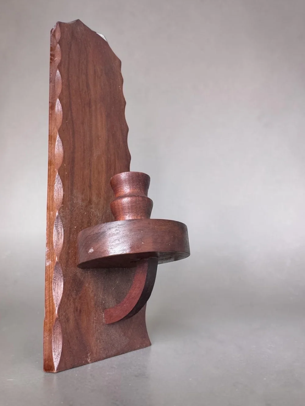 Mid-Century Modern Teak Wood Wall Candle Holder with Carved Detail